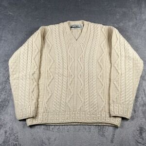 Aran Crafts Sweater Mens Size M Cream Wool V Neck Cable Knit Fisherman Ireland